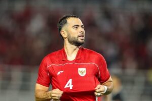 Ekspresi Jordi Amat usai mencetak gol ke gawang Chinese Taipei, Jumat (5/9/2025) (c) Bola.net/Abdul Aziz