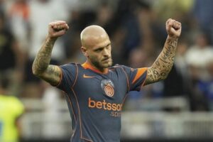 Federico Dimarco (Inter Milan) merayakan gol pertama timnya dalam laga Serie A melawan Sassuolo di San Siro stadium, Milan, Italia, 21 September 2025 (c) AP Photo/Antonio Calanni