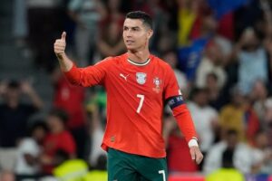Selebrasi Cristiano Ronaldo dalam laga Portugal vs Hungaria di Kualifikasi Piala Dunia 2026, Rabu (15/10/2025). (c) AP Photo/Armando Franca