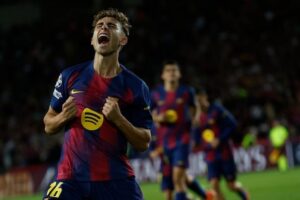 Selebrasi pemain Barcelona, Fermin Lopez. (c) AP Photo/Joan Monfort