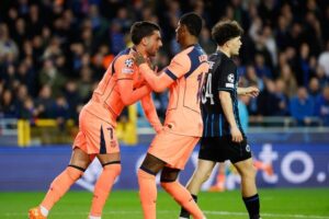 Selebrasi Ferran Torres dalam liga Liga Champions antara Club Brugge vs Barcelona, Kamis (6/11/2025). (c) AP Photo/Geert Vanden Wijngaert