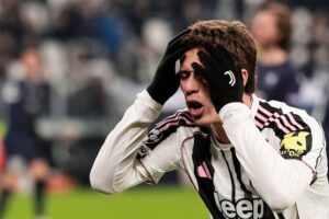 Pemain Juventus, Kenan Yildiz, bereaksi dalam laga Liga Champions antara Juventus vs Pafos di Turin, Italia, Rabu, 10 Desember 2025 (c) Fabio Ferrari/LaPresse via AP