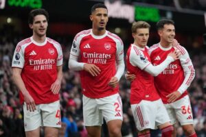 Pemain Arsenal merayakan gol dalam laga Premier League melawan Brighton and Hove Albion di Emirates Stadium, Sabtu, 27 Desember 2025. (c) AP Photo/Kirsty Wigglesworth