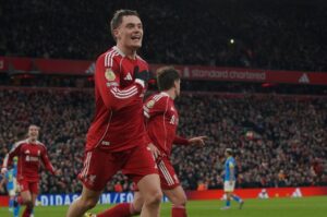 Selebrasi Florian Wirtz dalam laga Liga Inggris antara Liverpool vs Wolverhampton, Sabtu (27/12/2025). (c) AP Photo/Ian Hodgson