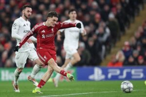 Pemain Liverpool, Florian Wirtz, mencetak gol kedua timnya dalam pertandingan Liga Champions melawan Qarabag, Kamis (29/1/2026) dini hari WIB. (c) AP Photo/Darren Staples